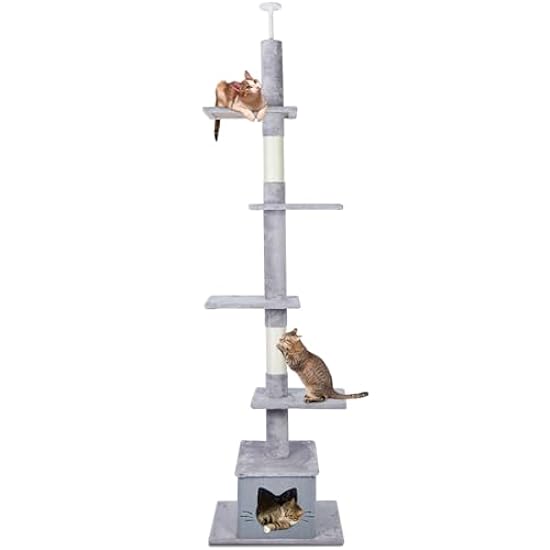 Ownpets Floor to Ceiling Cat Tree Adjustable Height [90-108Inches=229-275cm] 6 Tiers Cat Tower Fit for 7-9 Feet Ceiling with Cat Condo Hammock and Sisal Post Scratcher for Indoor, Comfortable and Stab