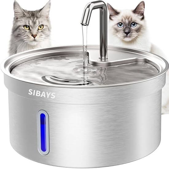 SIBAYS 135OZ 4L Cat Water Fountain Stainless Steel for Cats, Pet Water Fountain for Cats, Dog Water Dispenser, 4 Layer Filter, LED Water Reminder