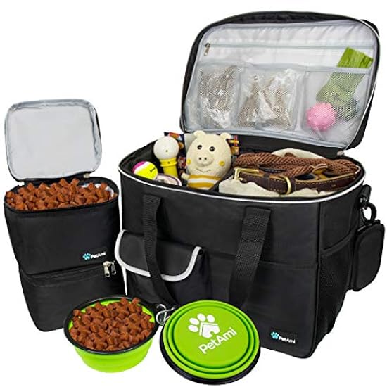 PetAmi Dog Travel Bag, Travel Pet Bag Organizer, Dog Food Travel Bag with Food Container and Bowls, Dog Travel Supplies Gift Accessories for Weekend Camping, Dog Cat Diaper Bag (Black, Large)