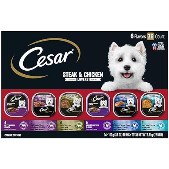 CESAR Adult Wet Dog Food Steak and Chicken Lovers Variety Pack with Real Meat or Real Chicken, (36) 3.5 oz. Easy Peel Trays