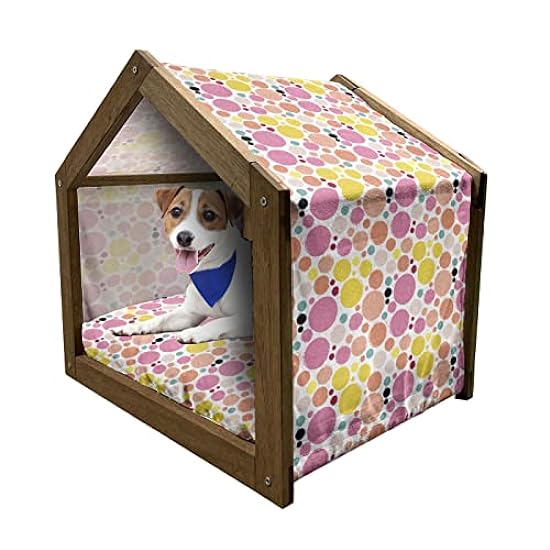 Lunarable Yellow and Green Wooden Pet House, Big and Small Colorful Paint Blots, Outdoor & Indoor Portable Dog Kennel with Pillow and Cover, Large, Multicolor